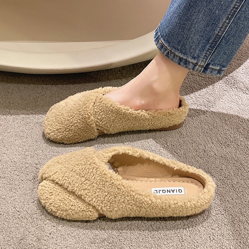 

Flat Shoes Female Slippers Casual Slides Cover Toe Low Fur Flip Flops Slipers Women Flock Luxury Plush 2022 Soft Fashion Rome wi