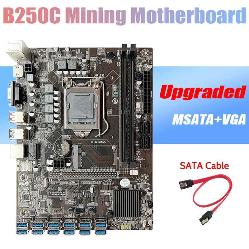 NEW-B250C BTC Mining Motherboard+SATA Cable 12XPCIE to USB3.0 Graphics Card Slot LGA1151 DDR4 MSATA ETH Miner Motherboard