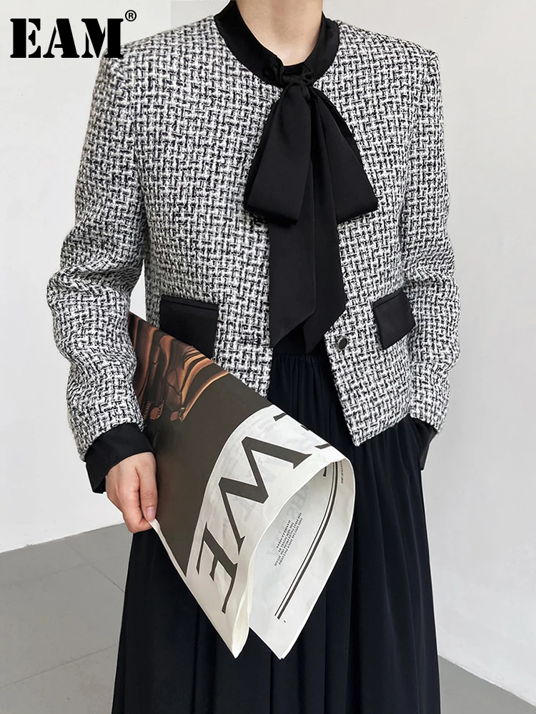 

[EAM] Loose Fit Black Plaid Bow Elegant Tweed Jacket New O-neck Long Sleeve Women Coat Fashion Tide Spring Autumn 2023 1DF1227
