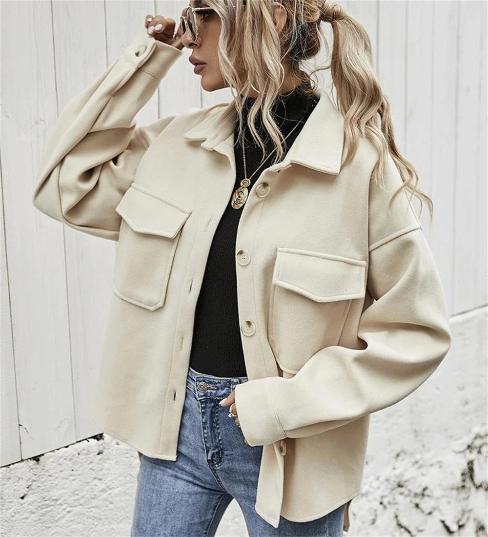 

Women Autumn & Winter Lapel Single-Breasted Jacket Thick Solid Color Shirt Woolen Coat Female Loose Imitation Wool Coat Jacket