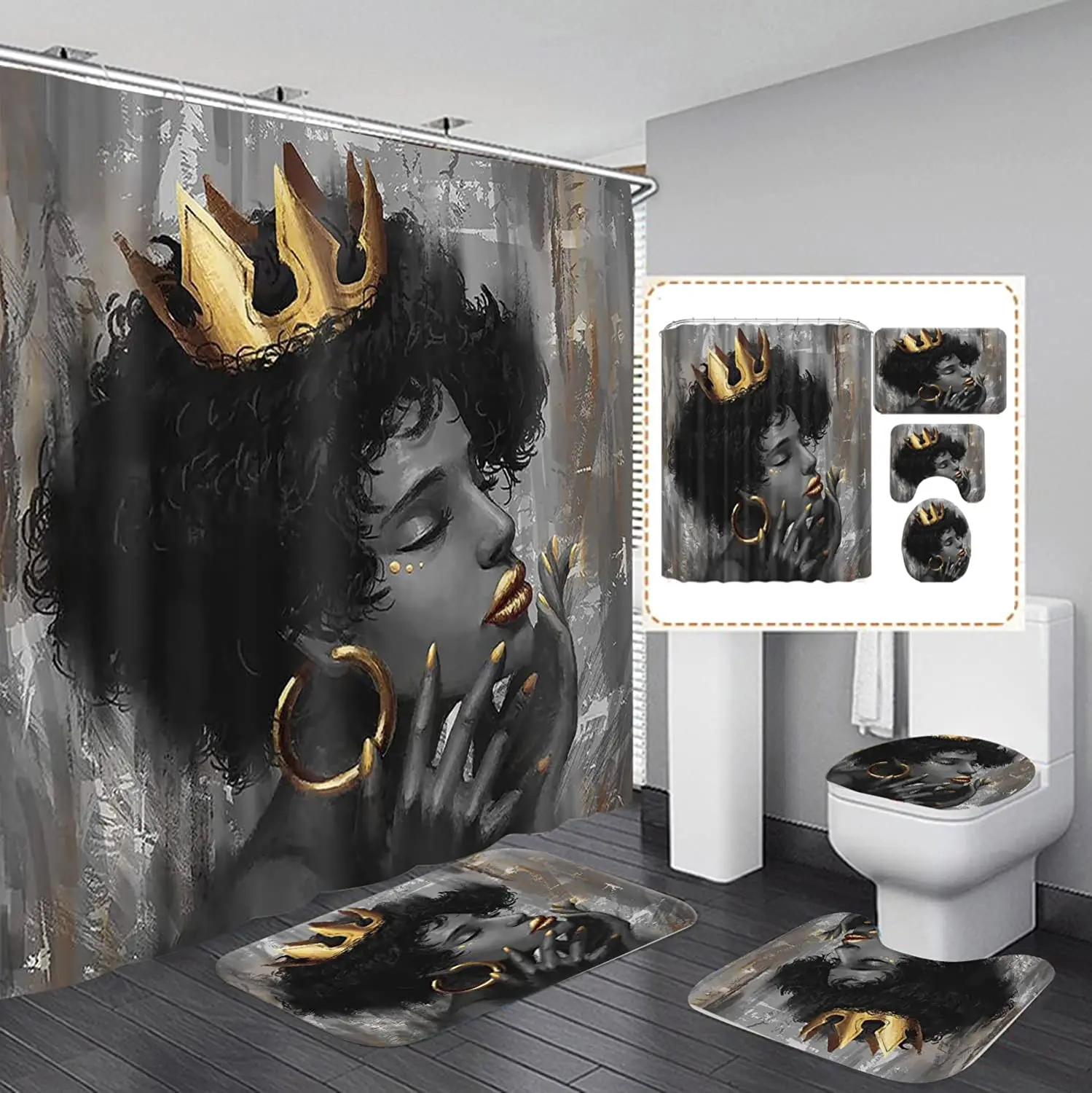 

African American Woman Man Shower Curtain Anti-slip Rug Toilet Cover Mat Luxury Gold Crown Bathroom Afro Black Luxury Home Decor