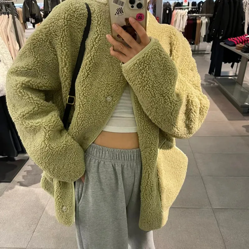 2022 women's autumn and winter new temperament fashion round neck long sleeve lamb wool fleece loose casual jacket coat