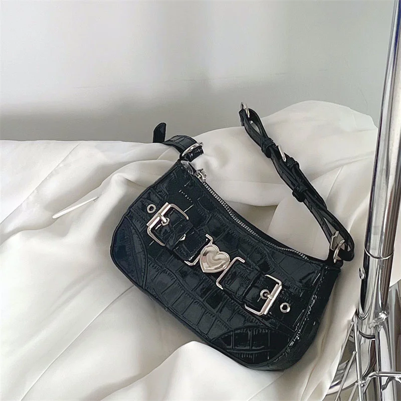 

Y2k Hot Girls Retro Love Shoulder Bag Patent Leather Ladies Small Messenger Bags Crocodile Pattern Women's Hobos Underarm Bag