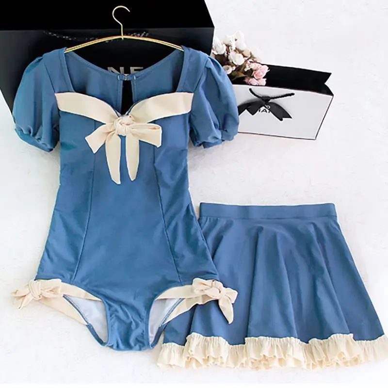 New Swimsuit Women 2021 Summer Solid Color Bow One-piece Swimwear Vacation Hot Spring Conservative Blue Cover Belly Swimsuit