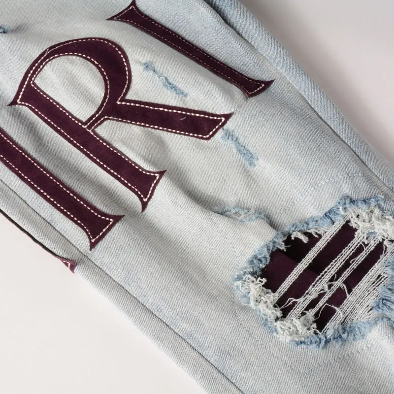 Street Fashion Men Jeans Retro Light Blue Elastic Stretch Skinny Ripped Jeans Men Brand Patches Designer Hip Hop Pants Hombre