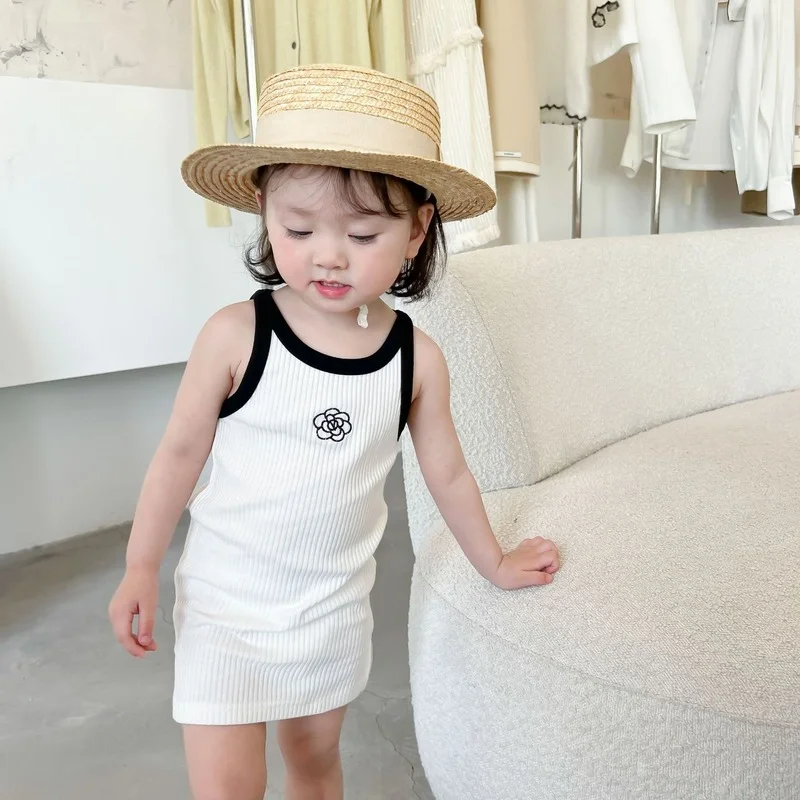 

2022 Summer baby girls floral embroidery elastic dresses fashion sleeveless slim all-match dress