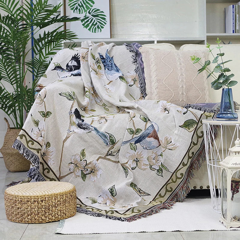 

Flower And Bird Throw Blanket For Bed Sofa Covers For Living Room Soft Towel With Tassel Knitted Rugs Slipcovers For Couch Sofa