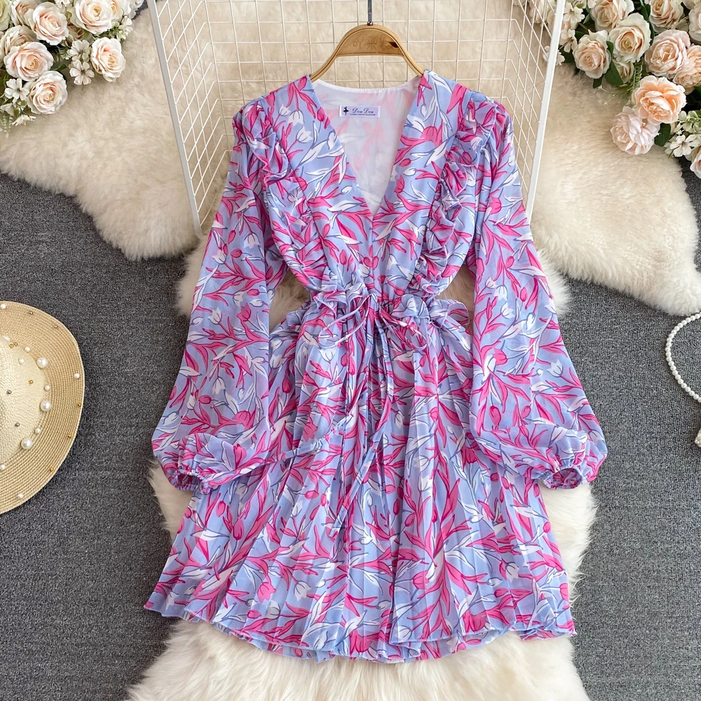 

Женское плиссированное платье с цветочным принтом, V-образным вырезом и длинными рукавами