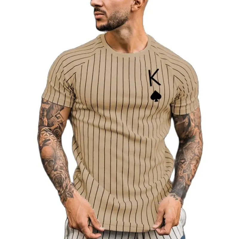 

2023 New T-Shirt Striped T-Shirt Round Neck Fashion Poker Print Short Sleeve Polyester Top Summer Men's Clothing Street Wear