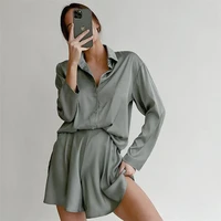 elegant stain green 2 pieces shorts sets women causal loose home suit spring long sleeve blouse with high wasit shorts outfits