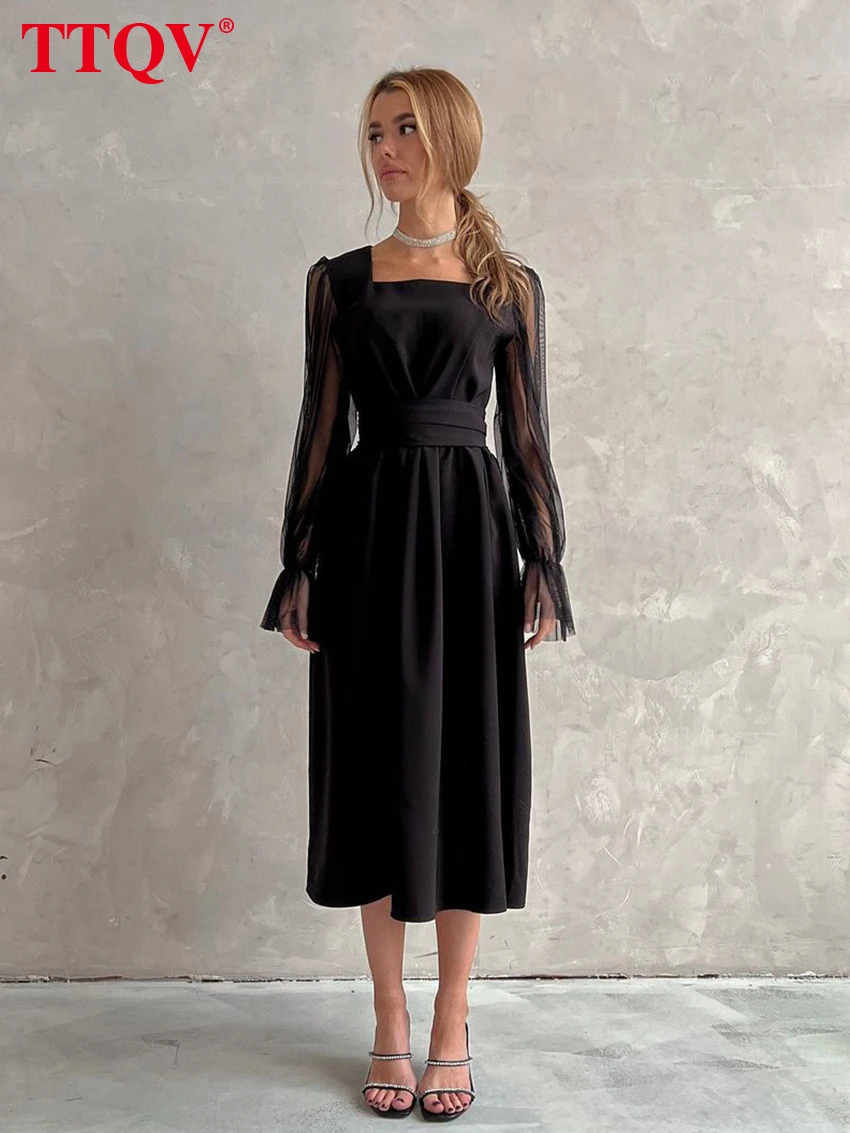 

TTQV Sexy Black Square Collar Bodycon Dress Fashion Long Sleeve Office Midi Dress Elegant Mesh Patchwork Dresses For Women