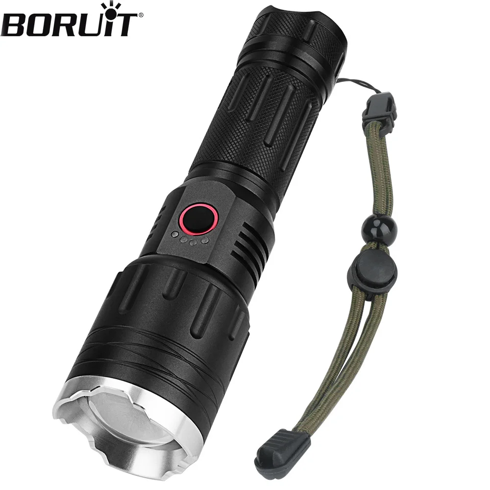 BORUIT Ultra Bright Flashlight LED Lamp Beads Zoomable Type-C Interface Rechargeable Waterproof IPX6 Torch Searchlight