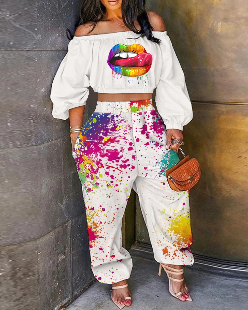 

Модный женский костюм из двух предметов, уличная одежда, летняя рубашка 2023, женские брюки-брызги с рисунком, футболки с поцелуями, комплект из 2 предметов
