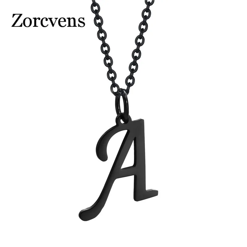 

ZORCVENS Black Alphabet Necklace For Women Men 26 Letters Charm Pendant Stainless Steel Necklace Vintage Jewelry Gift