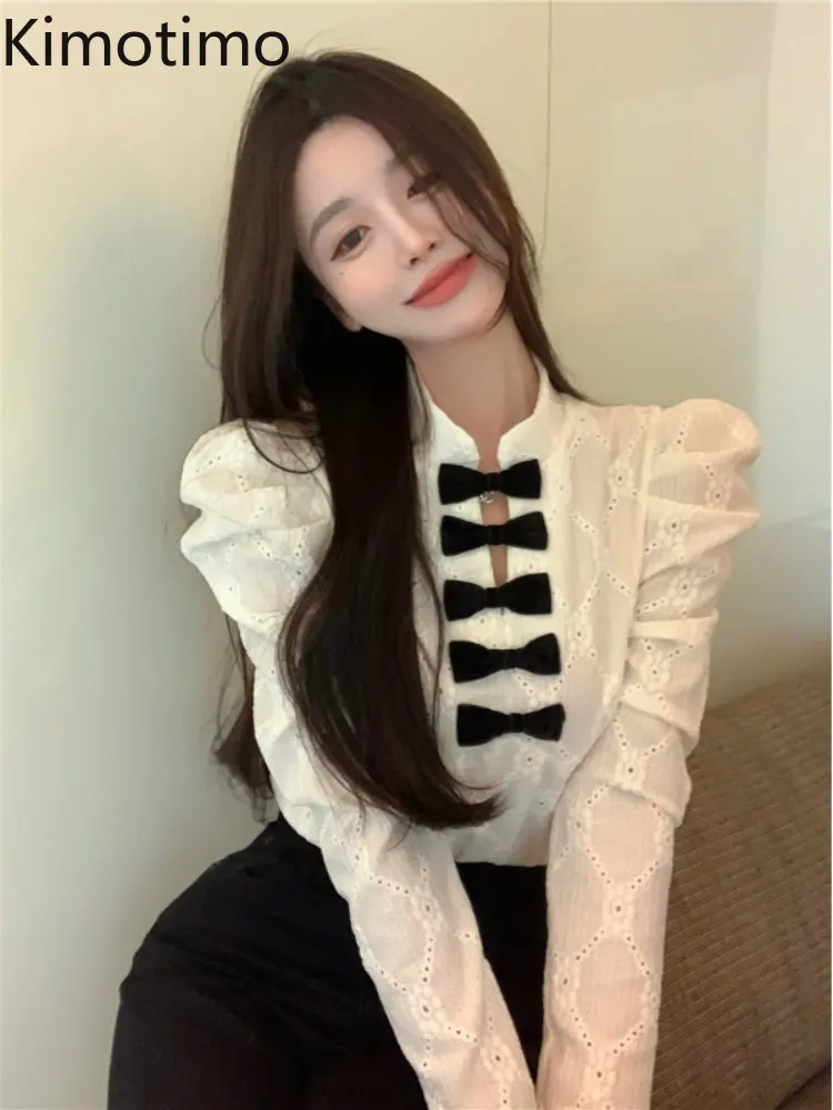

Блузка Kimotimo Женская кружевная с рукавами-фонариками и бантом, весна 2023