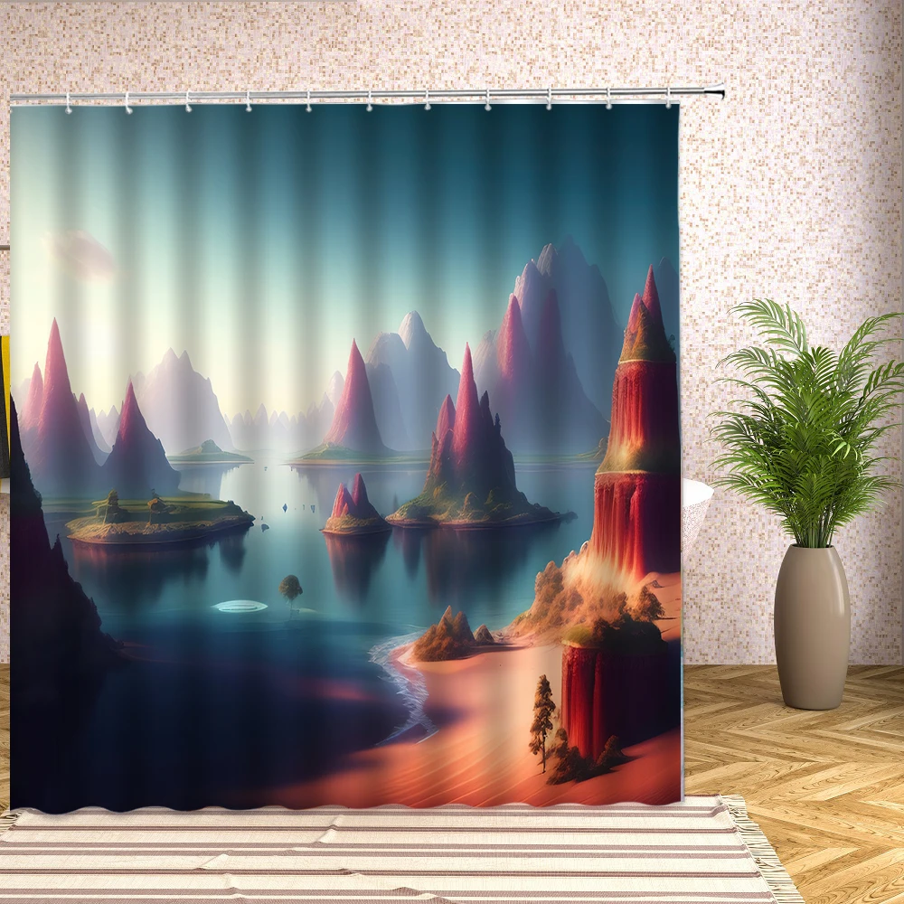 

Mountain Cloud Scenery Shower Curtain Sunset Sky Sun Scape Bathtub Screen Bathroom Accessories Bath Curtains with Hooks Decor