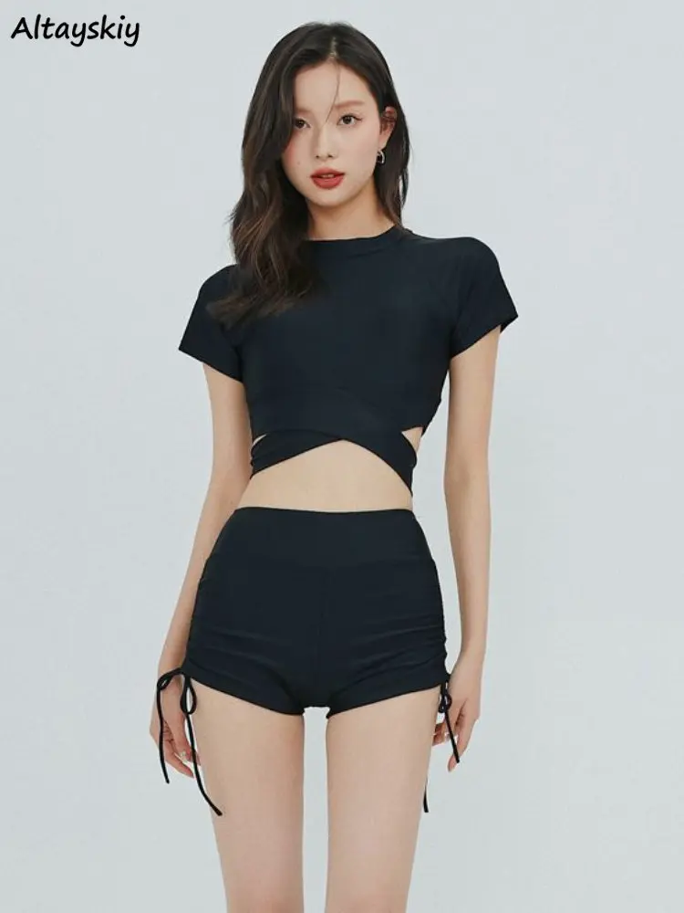 

Bikini Sets Women Solid Sexy Girls Bandage Summer Simple Criss-cross Fashion Clothing Seaside High Waist Ulzzang Beach Holiday