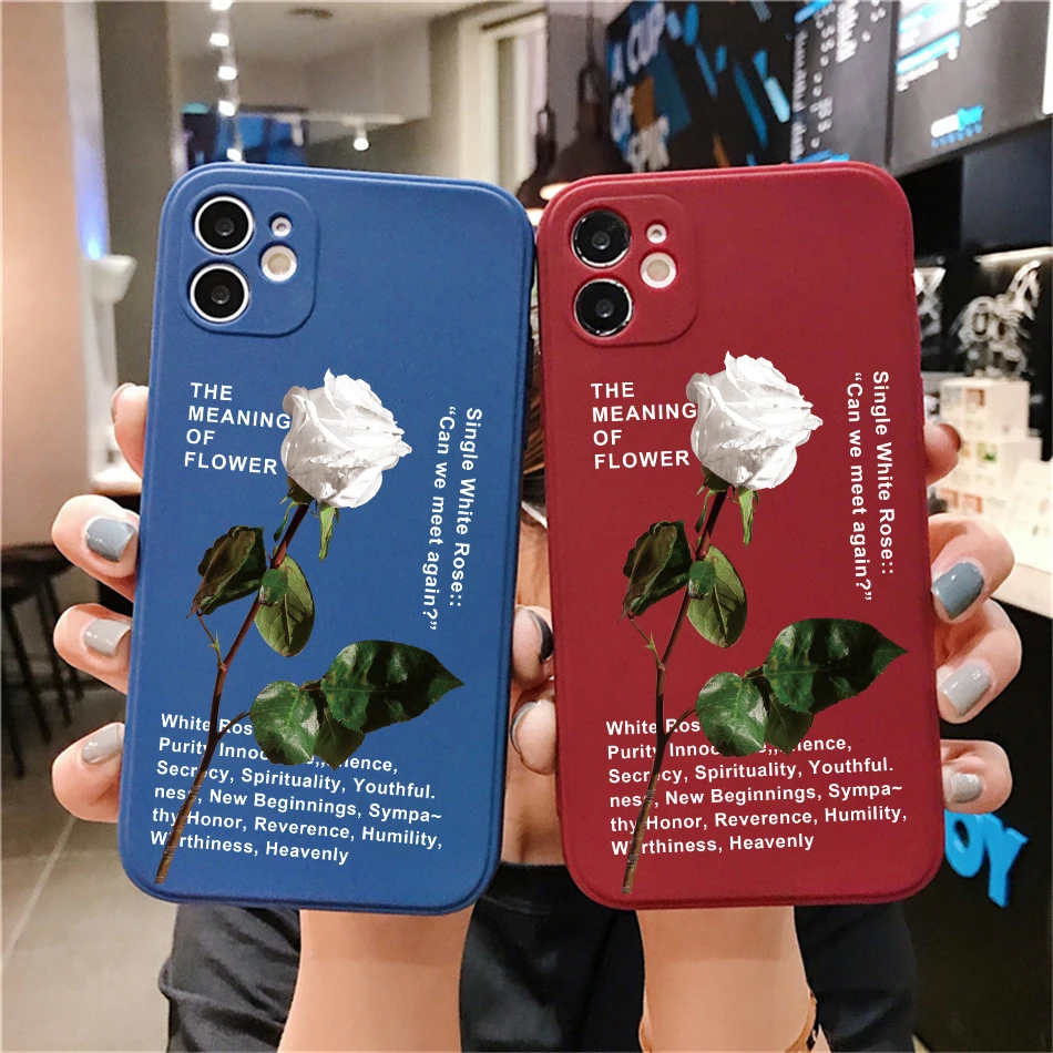 

Fashion Elegant White Rose Phone Cover For iPhone 11 12 13 14 Pro XS Max X XR 7 14Plus 13Mini Candy color Soft Silicone TPU Case