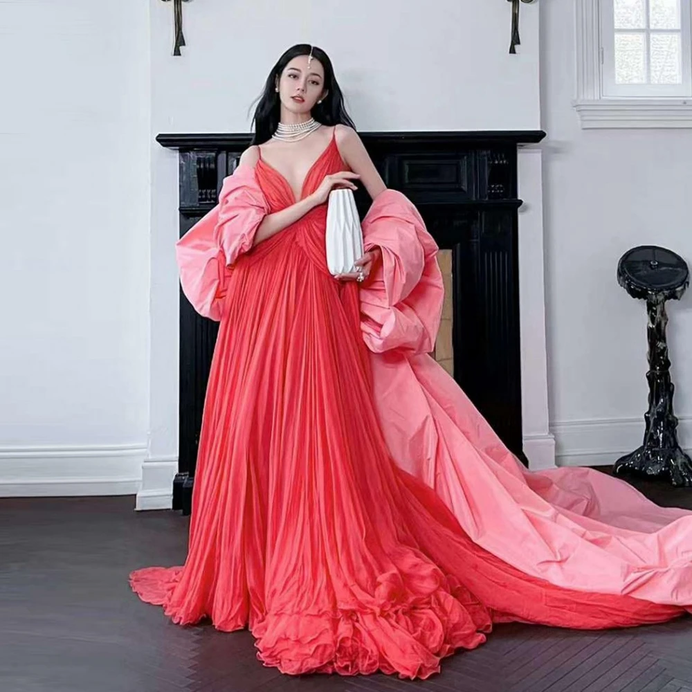 

Elegant Watermelon Red Spaghetti Strap Formal Dress With Long Train Layered Evening Dresses With Big Bow Floor Length Celebrity