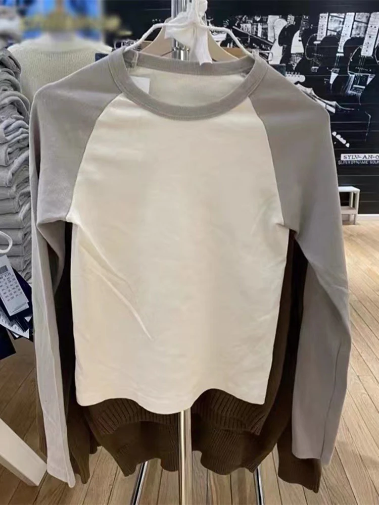 

Vintage Classic Patchwork Long Sleeve T-shirts Women Round Neck Soft Cotton Autumn Slim T Shirt Retro Streetwear Chic Y2k Tops