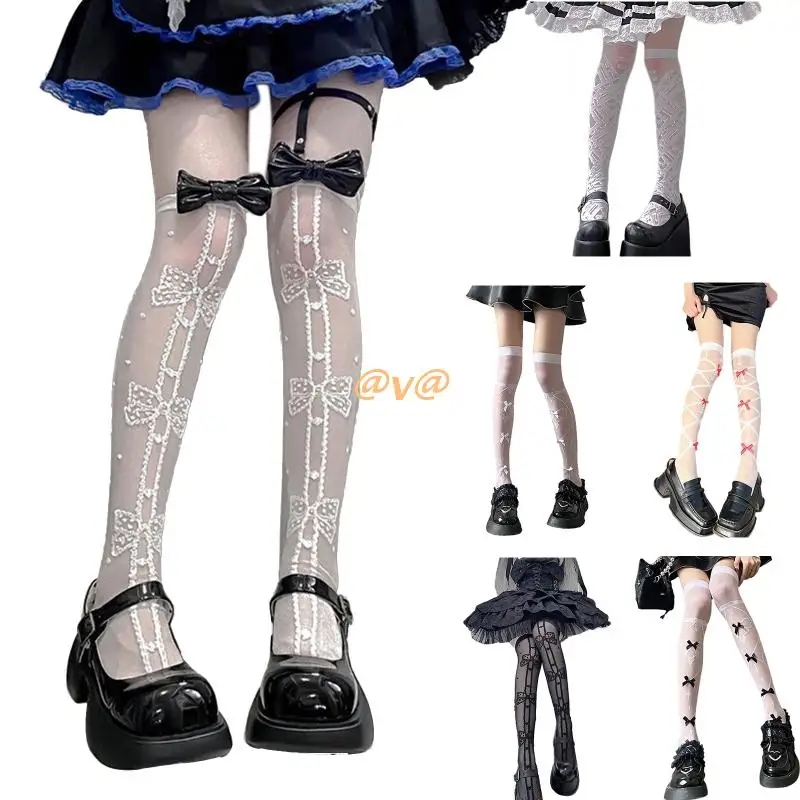 

Lolita Mesh Thigh High Stockings Sweet Ruffle Trim Cross Bowknot Anime Long Sock