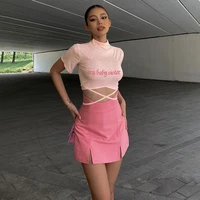 2022 summer new womens clothes contrast color stitching street fashion sexy hollow crop top mini skirt fake two piece dress