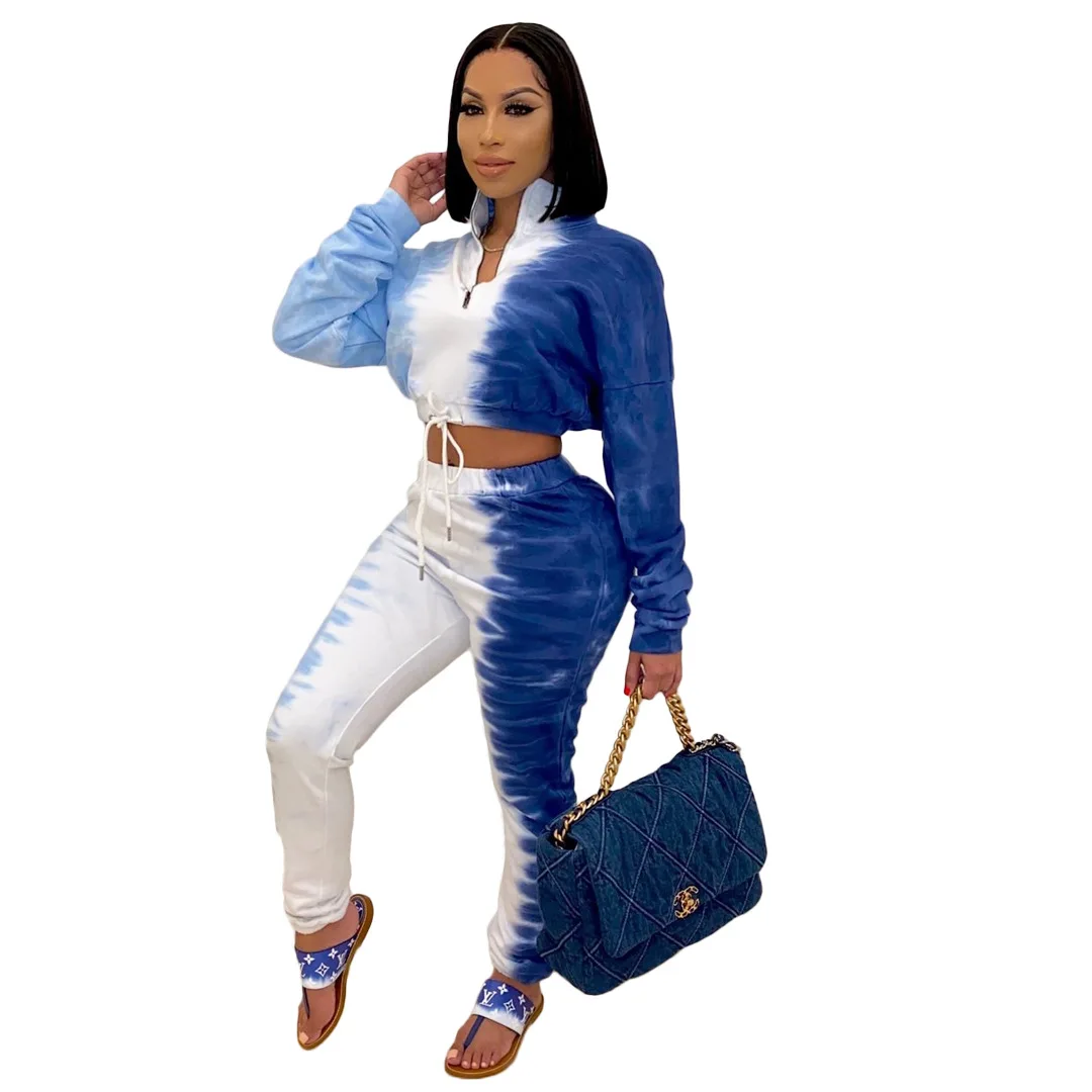 

Women Tracksuit Tie Dye Long Sleeve Zipper Pullover Crop Tops High Waist Tight Trousers Suit Patchwork Two Piece Set Sportswear