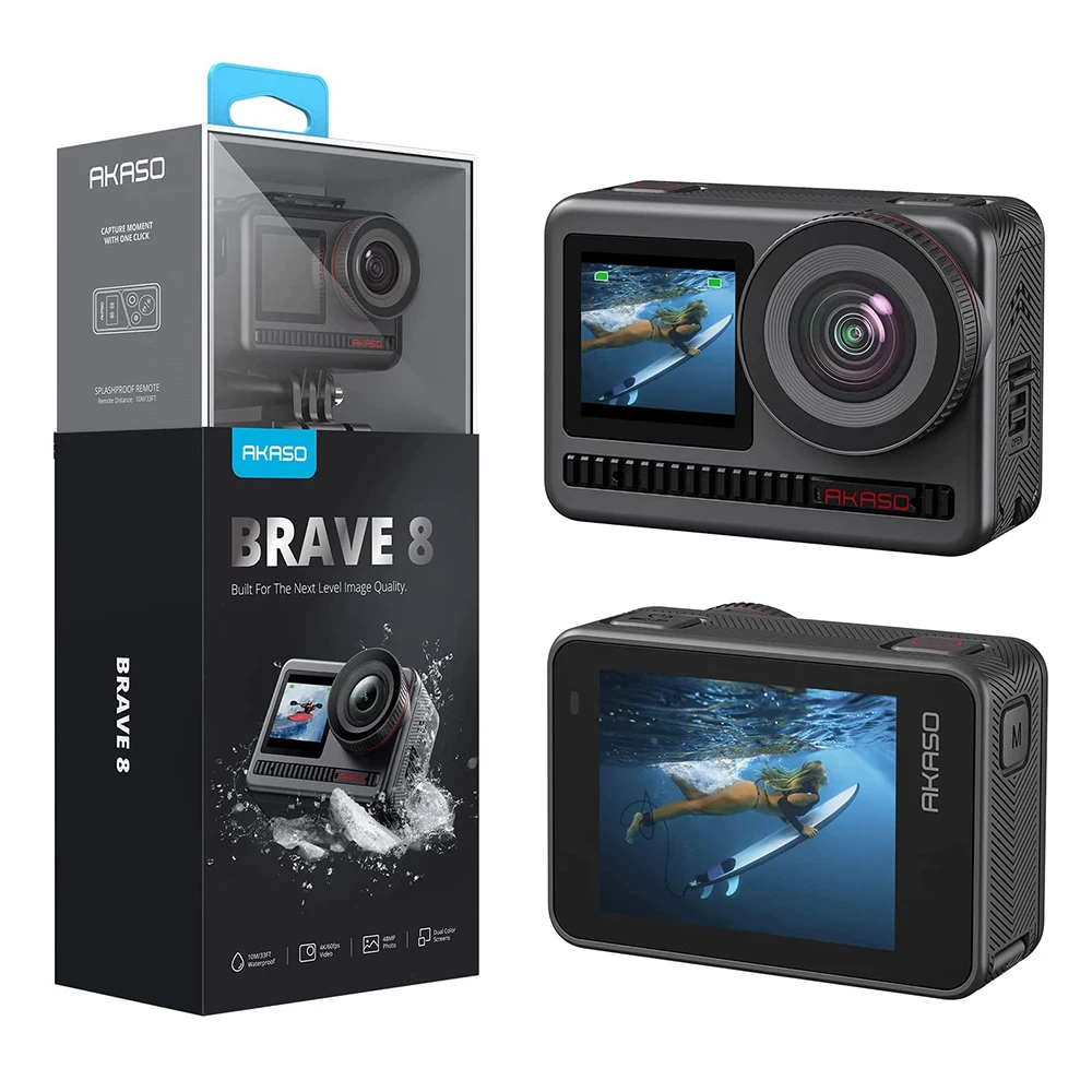 AKASO Brave 8 4K60FPS Action Camera 48MP Touch Screen Waterproof Camera SuperSmooth Stabilization Underwater Camera 16x Slo-mo
