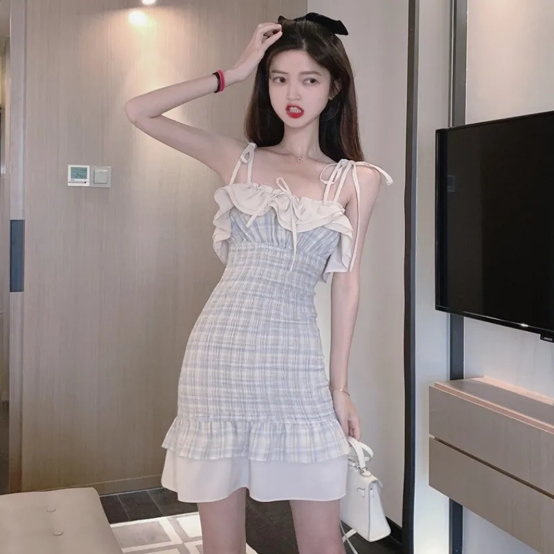 

New Spring Summer Retro Plaid Mini Dress French Ruffled Sling Waist Mermaid Hem Fairy Dress Slash Neck High Waist Party Dress