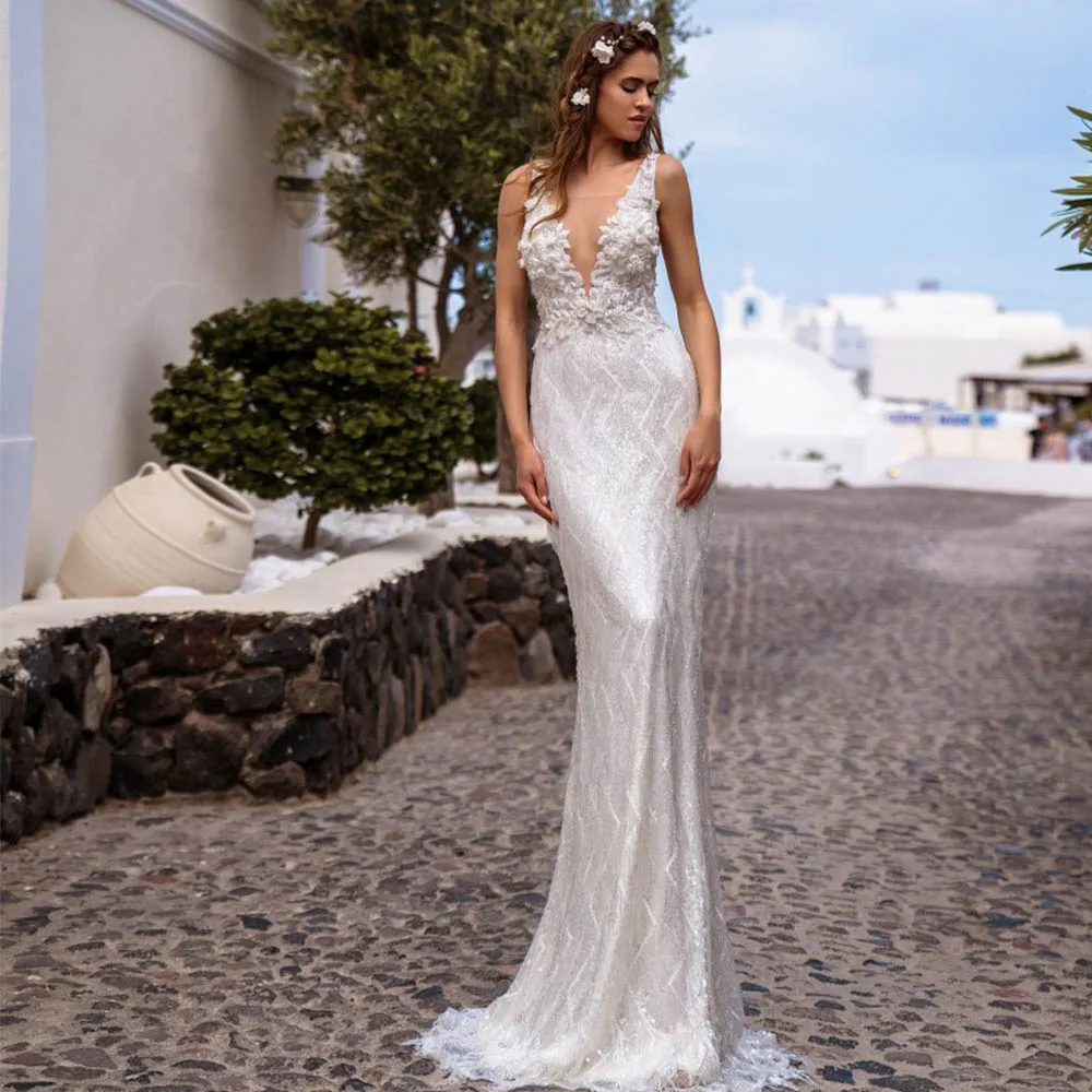 

Exquisite Wedding Dress For Bride 2022 V-Neck Backless Sexy Mermaid Bridal Gown Vintage Lace Applique 3D Flower Vestido De Noiva