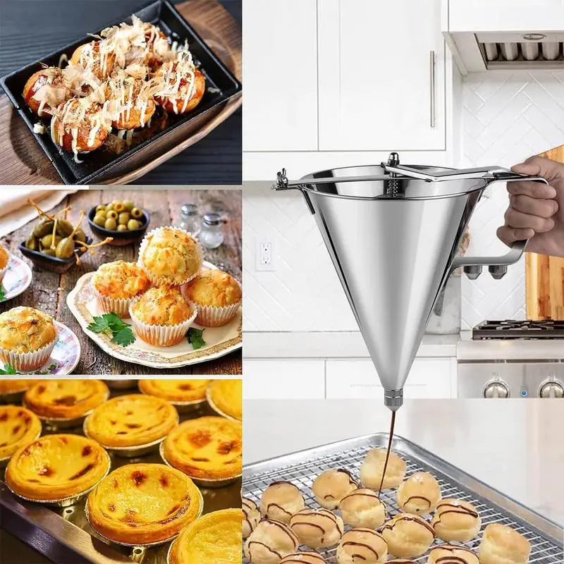 

Stainless Steel Funnel Dispenser with Rack Cupcake Pancake Batter Maker Octopus Fish Ball Home Kitchen Baking Tools Baking