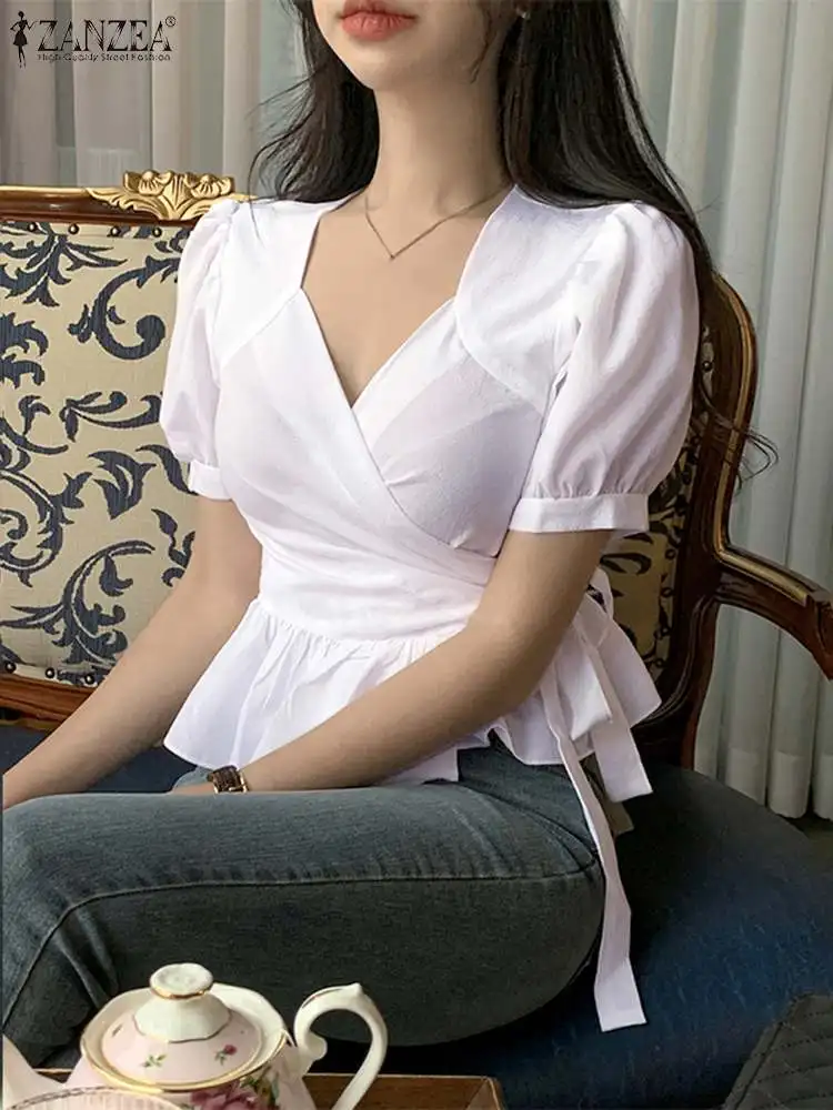 

Блузка ZANZEA женская с оборками на подоле, Модная элегантная рубашка с баской, с поясом, с запахом, с коротким рукавом-фонариком, с V-образным вы...