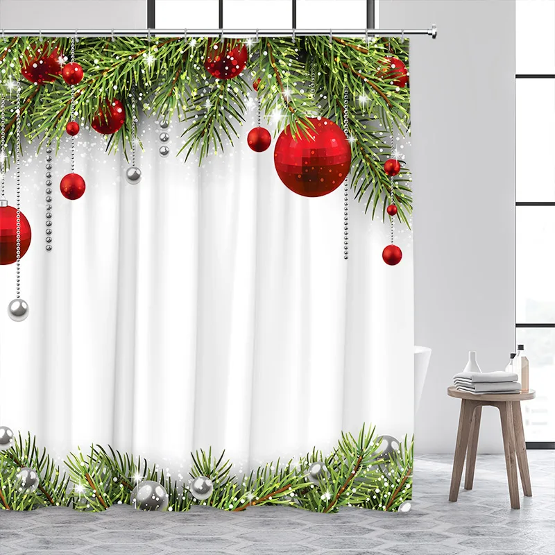 Christmas Shower Curtains Red Xmas Balls Green Pine Branches New Year Home Wall Hanging Fabric Bathroom Curtain Decor With Hooks