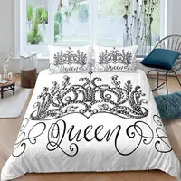 Queen Duvet Cover Set Hand Drawn Crown with Queen Lettering Baroque Style Elements Twin Bedding Set Black and White Quilt Cover