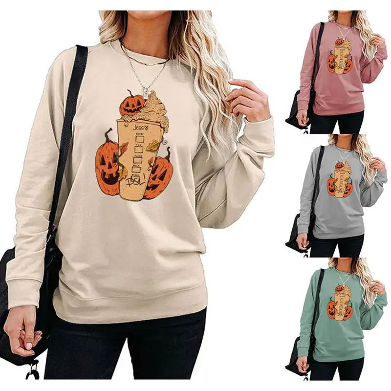 New Hot Sale Autumn and Winter Women's Pumpkin Cup Cute Print Halloween Loose Long Sleeve Retro Round Neck Sweater