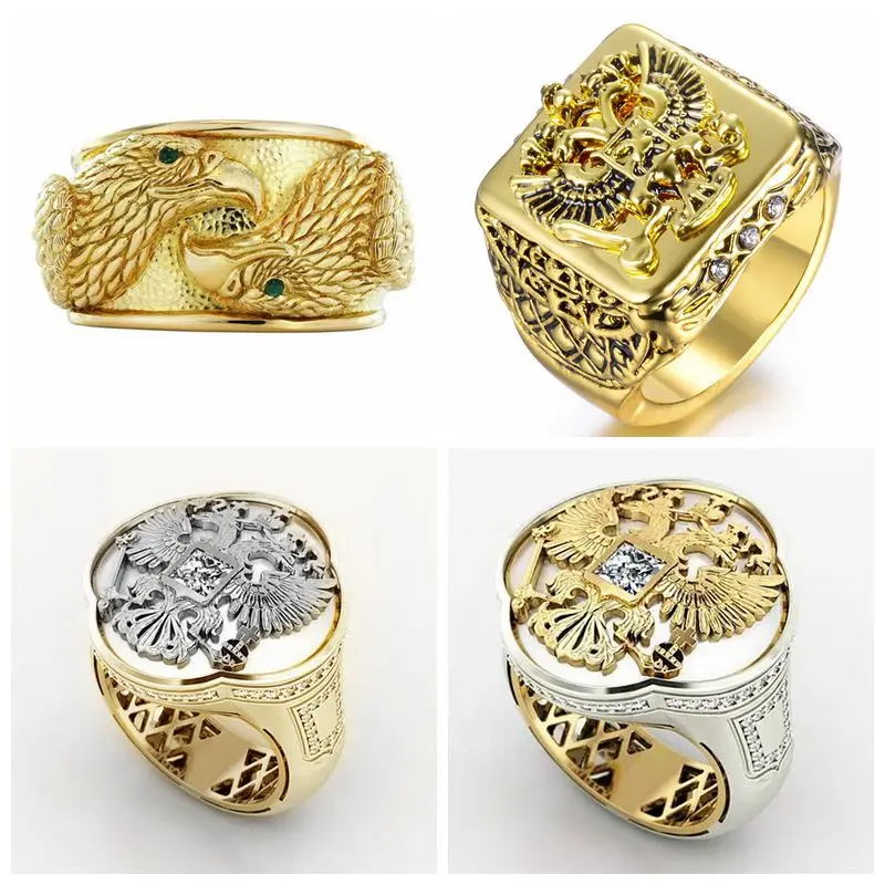 

Neo-Gothic Unique Eagle Cross Men's Ring Gold Color Craved Geometric Animal Pattern Male Ring for Party Jewelry Size 6-14