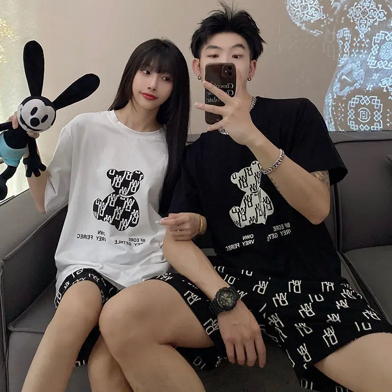 Couple pajama men's summer short-sleeved shorts loose plus size 2023 new pajamas women's summer short-sleeved loungewear