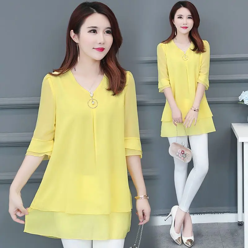 

2022 Summer Women Fashion Short-sleeved Chiffon Shirts Female Casual Loose Blouse Tops Ladies O-neck Solid Color Shirts Q242
