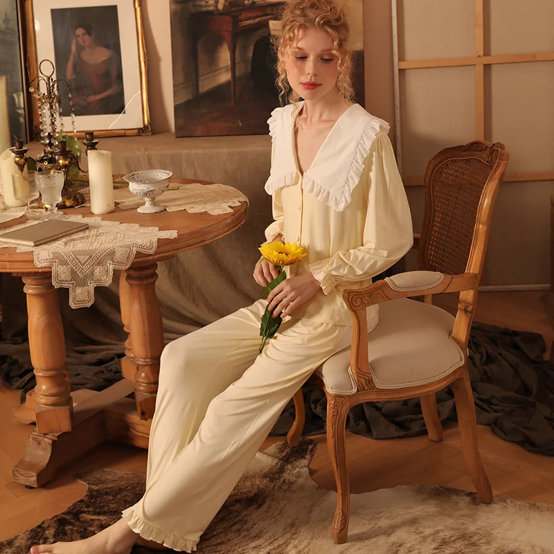 Women's Simple Comfortable Splicing Stringy Selvedge Turn Down Collar  Pajama Sets Modal Comfort Sleepwear Pajamas