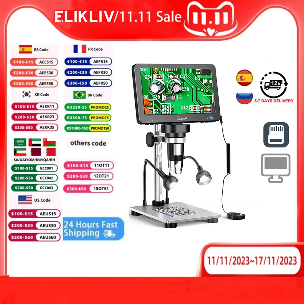 

Elikliv EDM9 7 Inch 1080P LCD Digital Microscope 50X-1200X Soldering Electronics Microscopes With LED Lights Support PC Computer