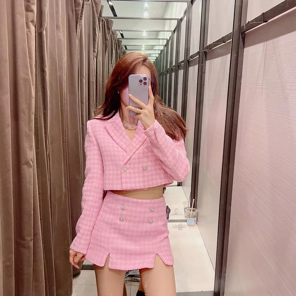 

ZATRHMBM 2022 Women's Spring/Summer New Short Sweet Pink Houndstooth Texture Double Breasted Women's jacket