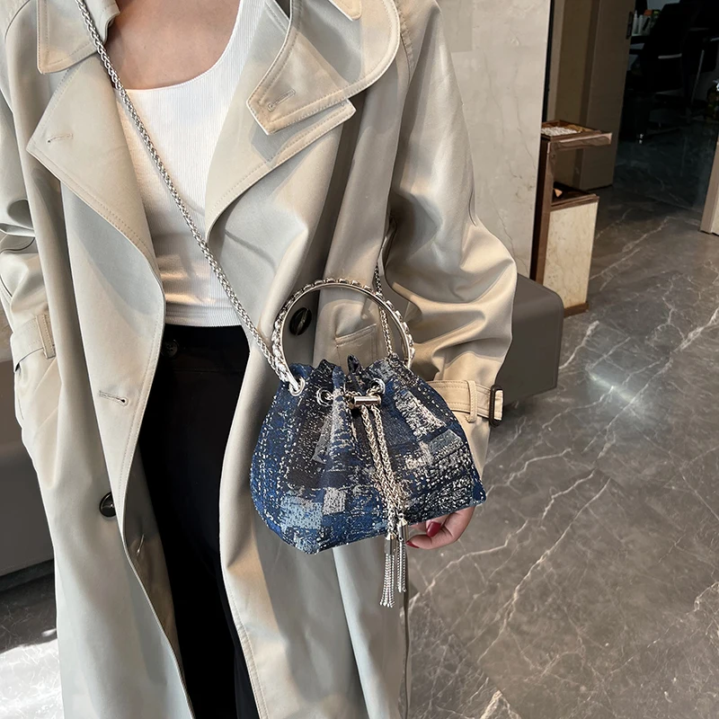 Fashion Tassel Handbag Bucket Bag Chain Shoulder Crossbody Bag Round Ring Design Hand Bag for Women 2022 New Denim Clutch