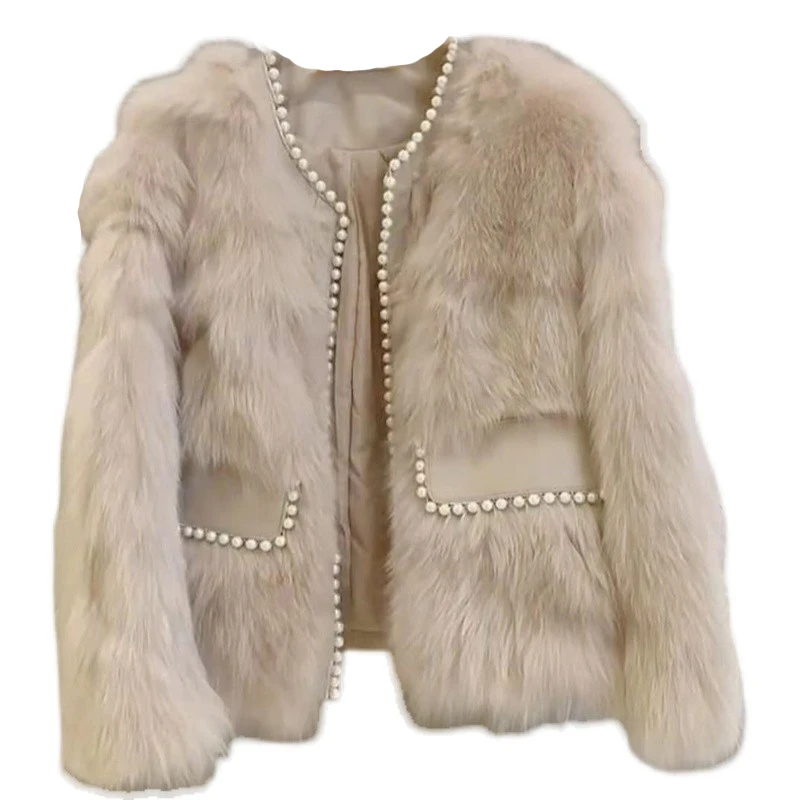 Women's Short Fur Coat 2022 Autumn Winter Fox Fur Korean Style Long Sleeve Jacket Female Beads V Neck High Street Outerwear