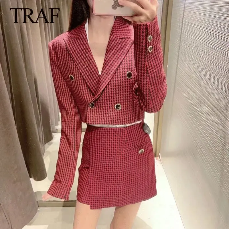 

TRAFZA Women's Short Blazer High Waist Skirt Mini Plaid Slim Fit Casual Vintage Two Piece Elegant Blazer and Suit Skirt Suit
