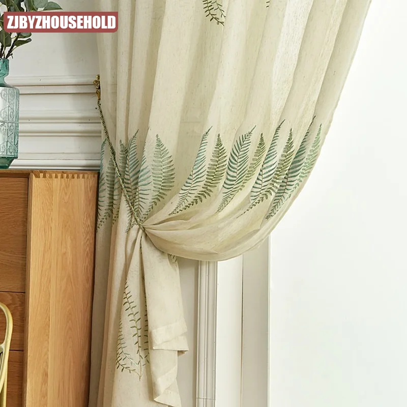 

Nordic Curtains for Living Dining Room Bedroom Fresh Linen Fabric Green Embroidery Curtains Finished Product Customization