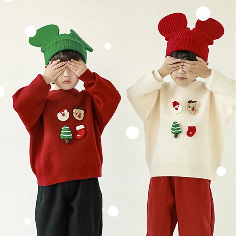 

Christmas Clothing Sweater Children's Doll Christmas Sweater Winter Boys Girls Thickened Warm Casual Sweater Red White 90-130cm