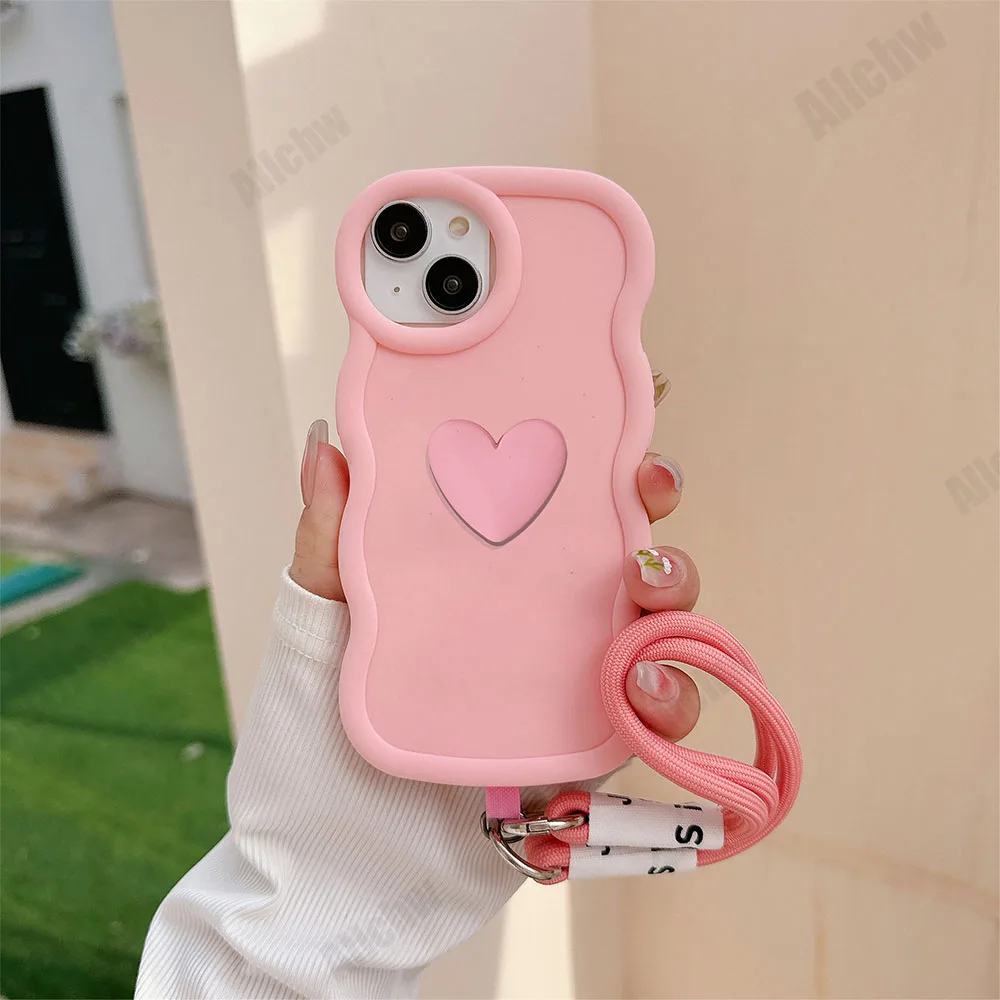 On Huawei Magic 5 6 Lite 9X Y9S Honor X6 X7 X8 X6A X7A X8A X9A X7B X8B X9B 90 With Lanyard 3D Love Heart Wavy Silicone Case