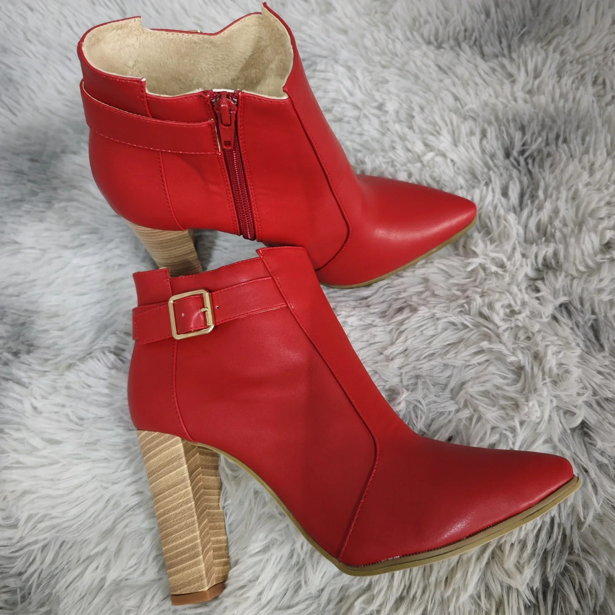 Зима-Осень женские ботильоны пикантные туфли на толстом высоком каблуке с острым