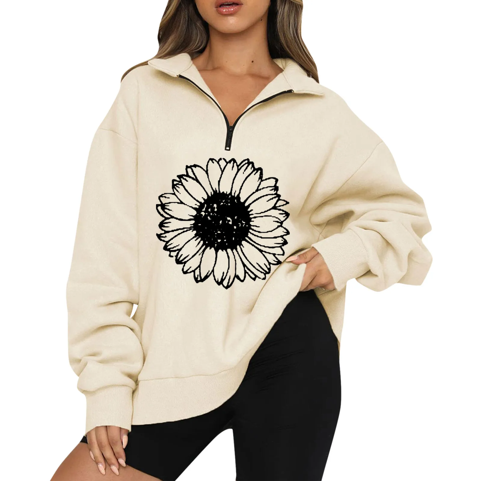 

Womens Sunflower Print Oversized Half Zip Pullover Long Sleeve Sweatshirt Quarter Zip Oversized Sweat Shirts Oversized Sweater