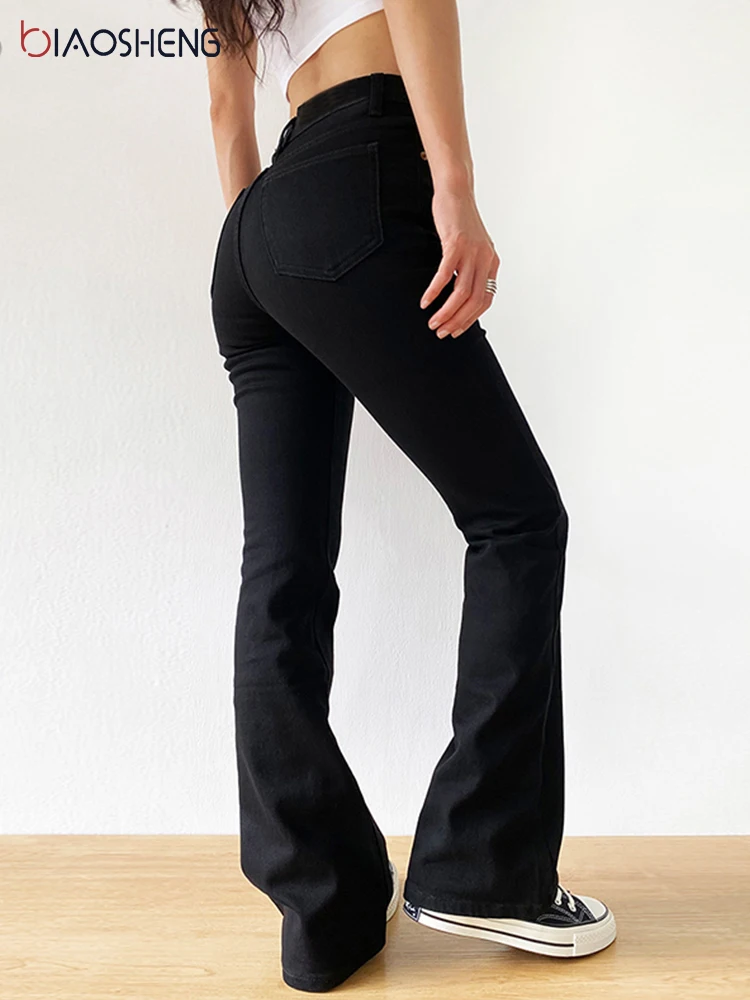 Flared Jeans Woman High Waist Denim Trousers For Female Vintage Clothes Fashion Black Full Length Oversize Wide Leg Pants 2021